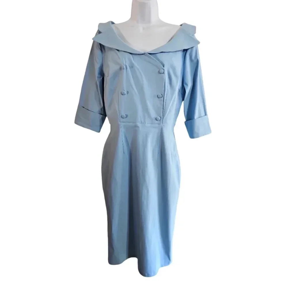 MUXXN Women’s XL Blue Retro Cocktail Dress Double Breasted 60s Vintage Style - Picture 2 of 7